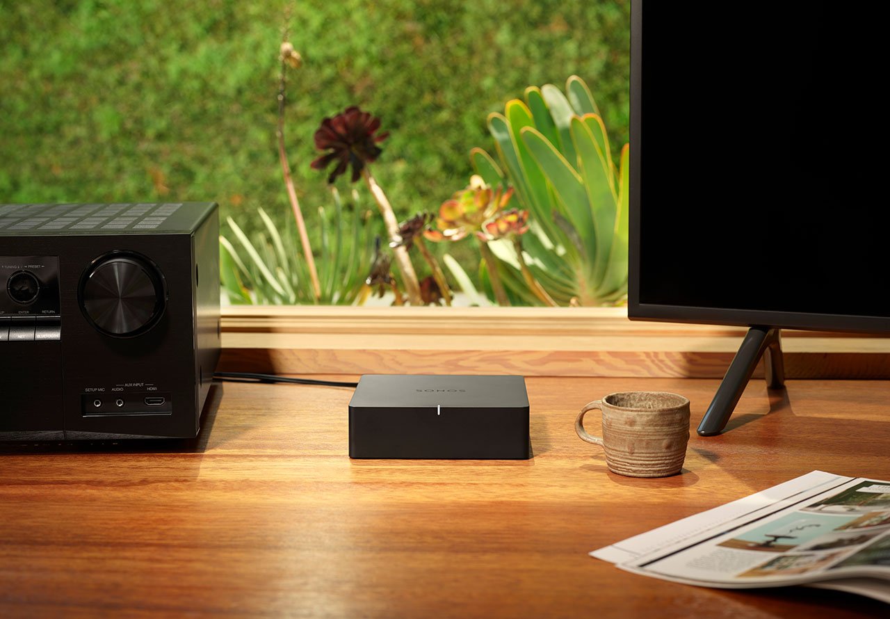 Sonos Port on credenza between computer monitor and receiver