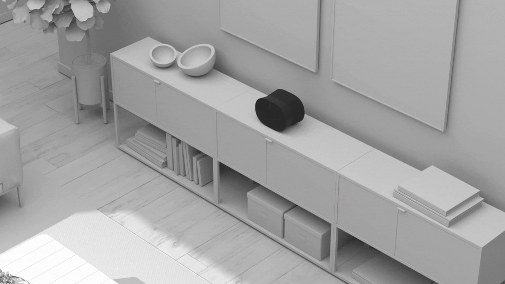 Sonos Era 300 black on credenza with spatial audio effect