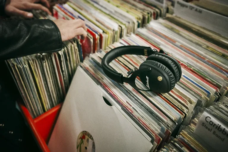 Marshall Monitor II black bluetooth headphones resting on vinyl crate