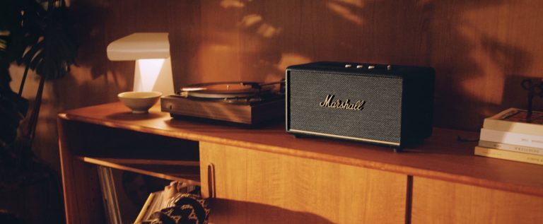 Marshall Stanmore III powered speaker in black on credenza beside record player