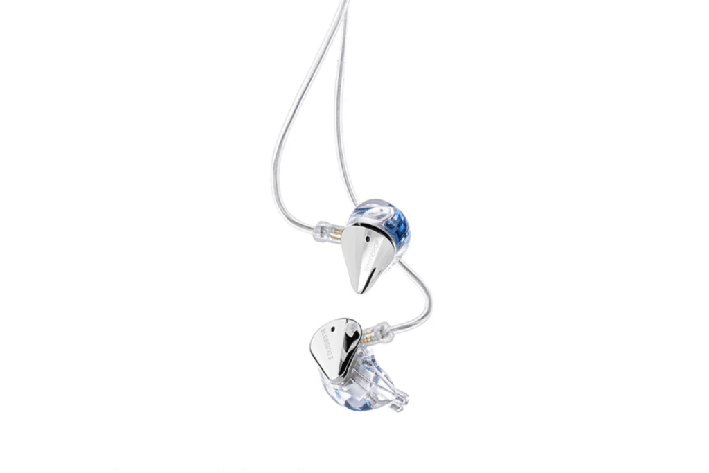 Blessing 3 in-ear monitors dangling from their interchangeable cables with a white background.