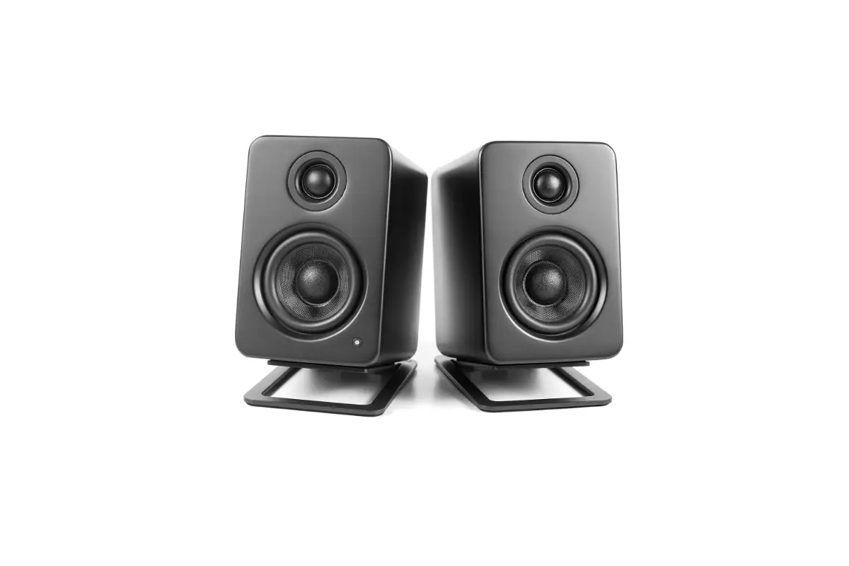 Kanto Angled Desktop Small Speaker StandsS2_IMG05_SpeakerContext Kanto s2 Angled Desktop Small Speaker Stands with speakers on stands on white background