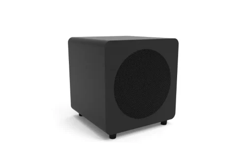 Kanto sub8 Powered subwoofer in black, angled right on white background