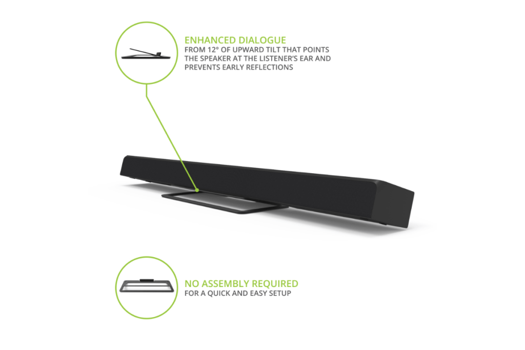 Kanto angled SoundBar Stand lifestyle specs, mentioning the tilted angle, and no assembly required