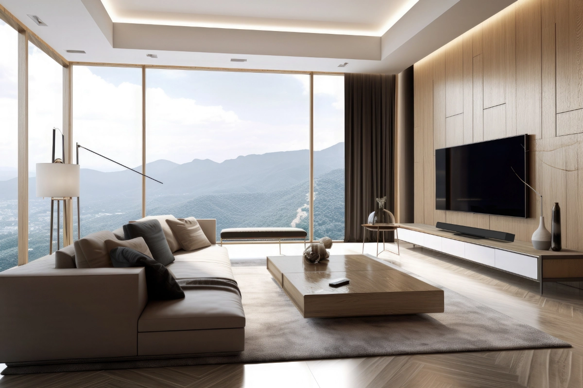 Kanto angled SoundBar Stand holding soundbar beneath TV in beautiful living room with great view