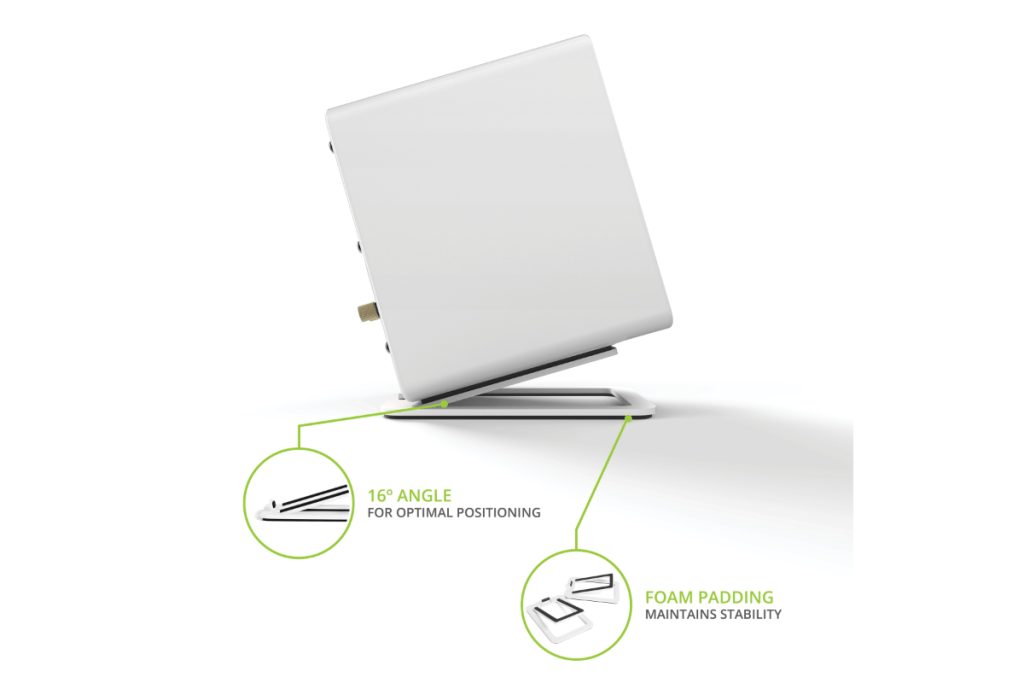Kanto s2 Angled Desktop Small Speaker Stands specification image angle and foam padding on white background
