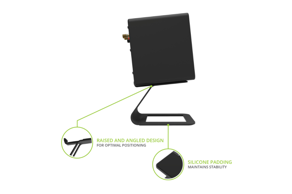 Kanto SE2 Elevated Desktop Speaker Stand in black, specifications image showcasing raised designed and silicone padding