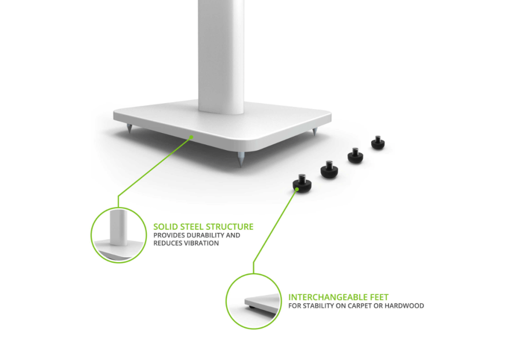 Kanto 32" Bookshelf Speaker Swivelling Floor Stand specification image showcasing solid steel construction and interchangeable feet