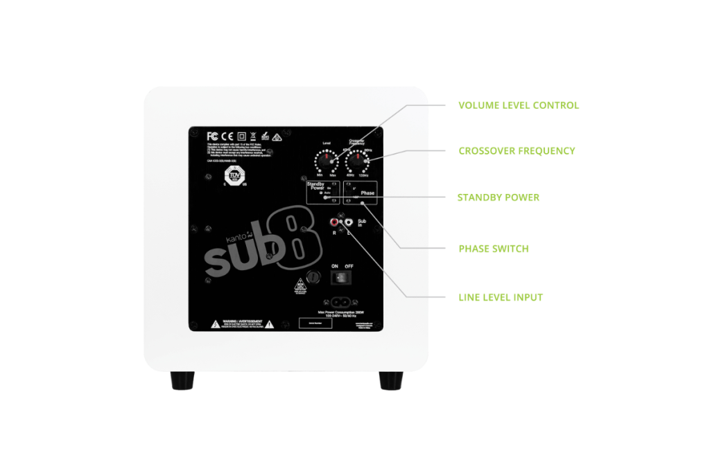 Kanto sub8 Powered subwoofer lifestyle specs showcasing volume control, crossover frequency, standby power, phase switch and line level input