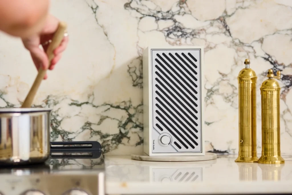 Tivoli Model Two Digital in white, resting upright on countertop beside someone cooking, no cables in sight