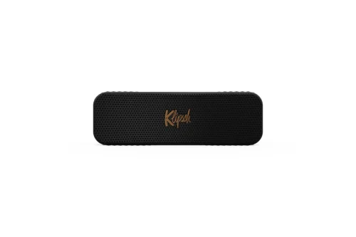 Klipsch-Detroit-Portable-Speaker-1 Klipsch Detroit Portable Speaker in black, featuring the word "Klipsch" on its sleek design. Front view