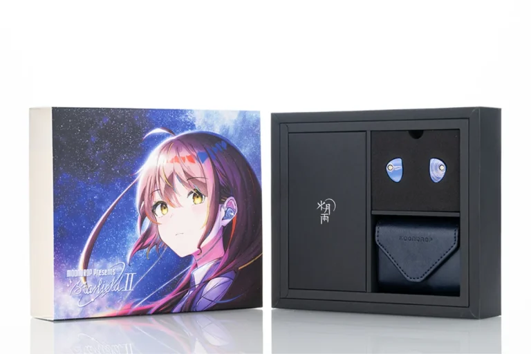 Moondrop Starfield II Earphones in packaging, anime packaging, headphones and carry case in box on white background
