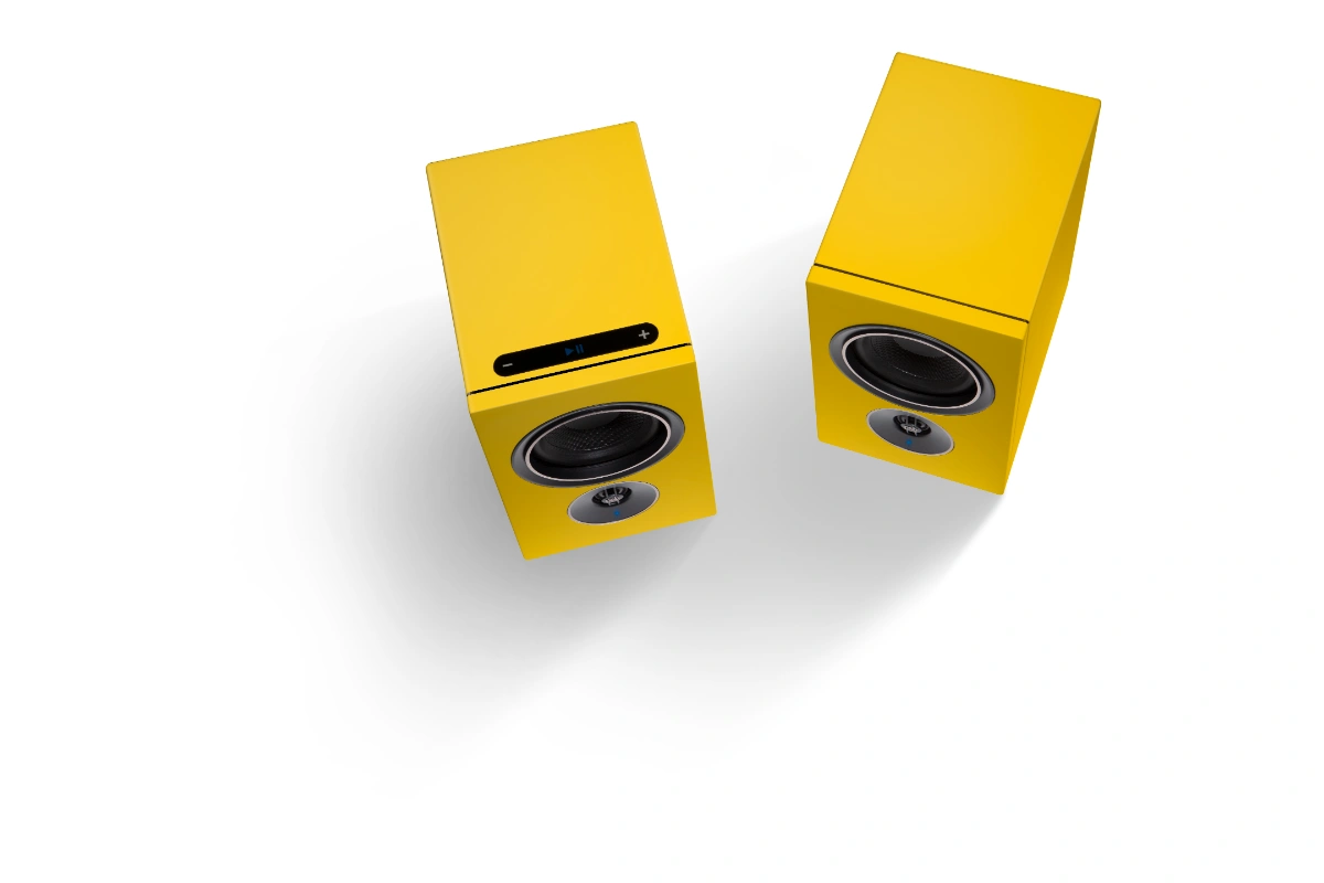 PSB_Alpha_IQ_Yellow_Speakers 2 PSB Alpha iQ Speakers in tangerine yellow