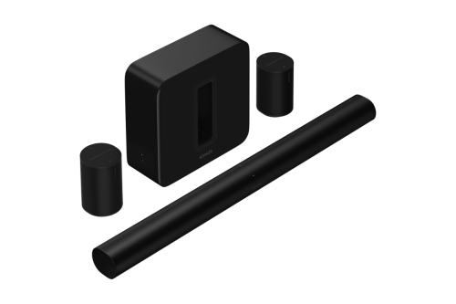 Sonos Premium Immersive Set with Arc Sonos Premium Immersive Set with Arc, all products, sub, era 100's and arc on white background, product photo