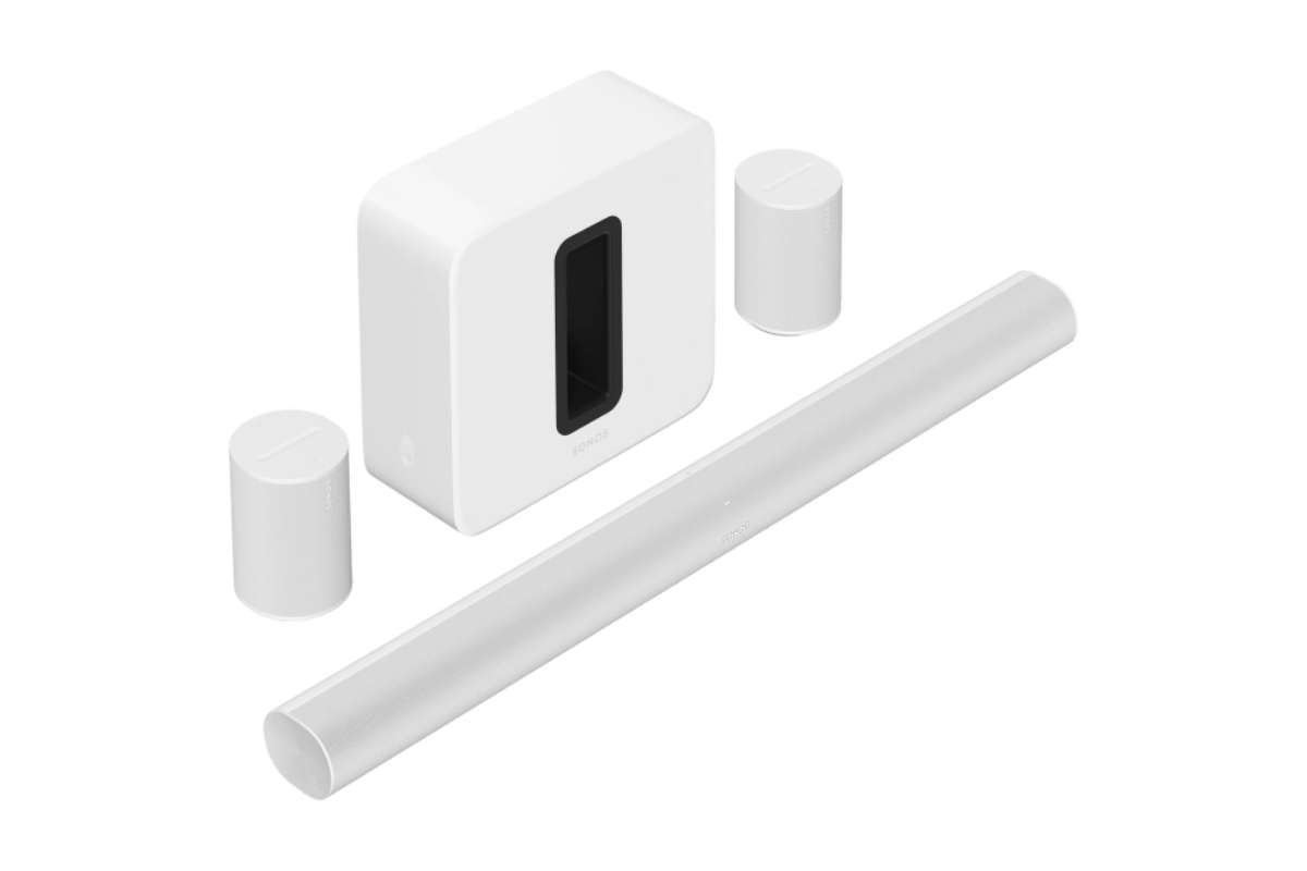 Sonos Premium Immersive Set with Arc Sonos Premium Immersive Set with Arc, all products, sub, era 100's and arc on white background, product photo