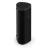 Sonos Roam 2 portable speaker in black read angle view placed horizontally with base caps showing.