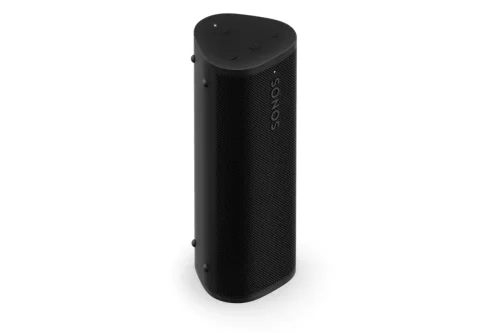Sonos Roam 2 portable speaker in black read angle view placed horizontally with base caps showing.