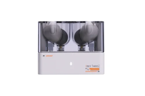 Moondrop space travel earphones in white, earphones in charging case