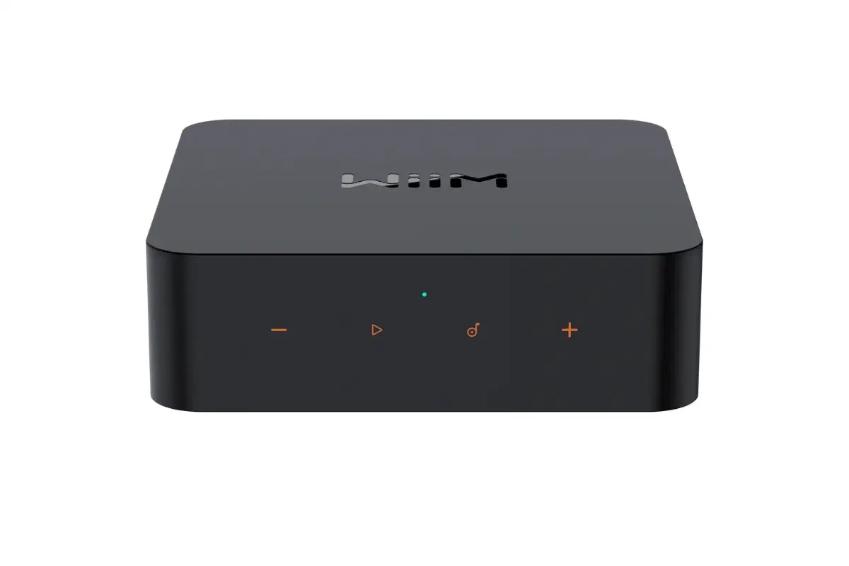 Wiim Pro Music Streamer front facing product image, on white background, showing volume and interact buttons on side of streamer