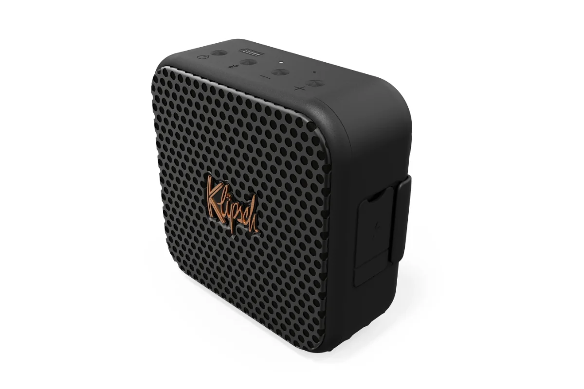 Klipsch Austin Portable Speaker 2 Klipsch Austin Portable Speaker, sleek, rugged, stylish speaker on white background, front view showing Klipsch Embossed logo on grill