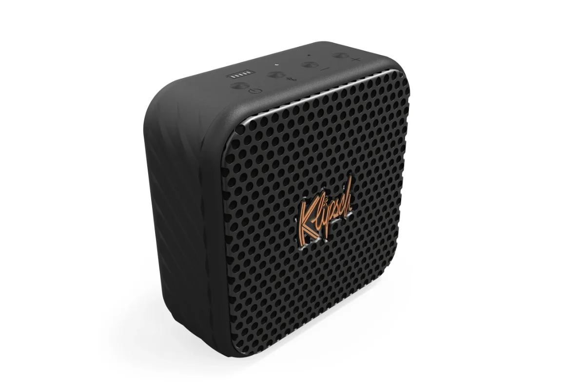 Klipsch Austin Portable Speaker 3 Klipsch Austin Portable Speaker, sleek, rugged, stylish speaker on white background, front view showing Klipsch Embossed logo on grill