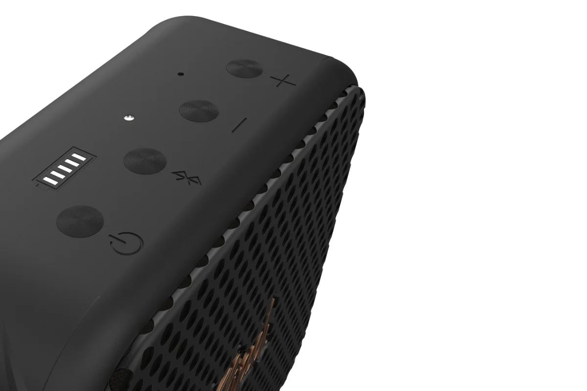 Close up of Klipsch Austin physical buttons and battery indicator on top of speaker