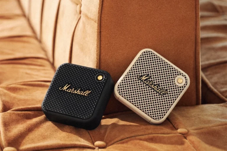 A retro-inspired Marshall Willen Bluetooth speaker, reminiscent of the vibrant style of the 1980s, showcasing classic design elements.