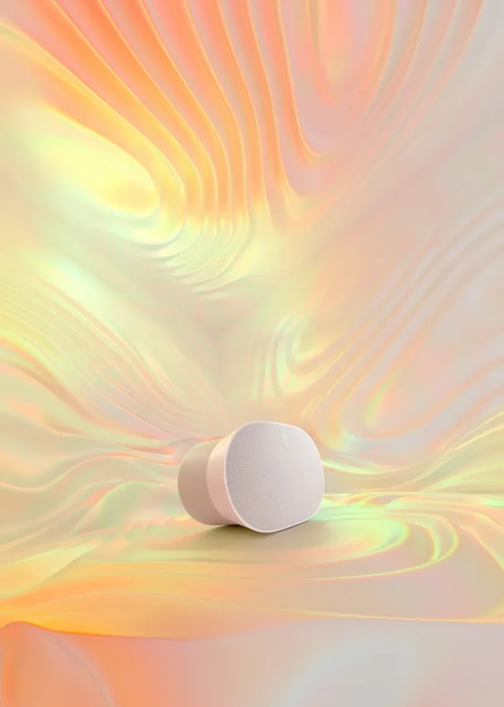 White sonos era 300 with pink and yellow gradient background