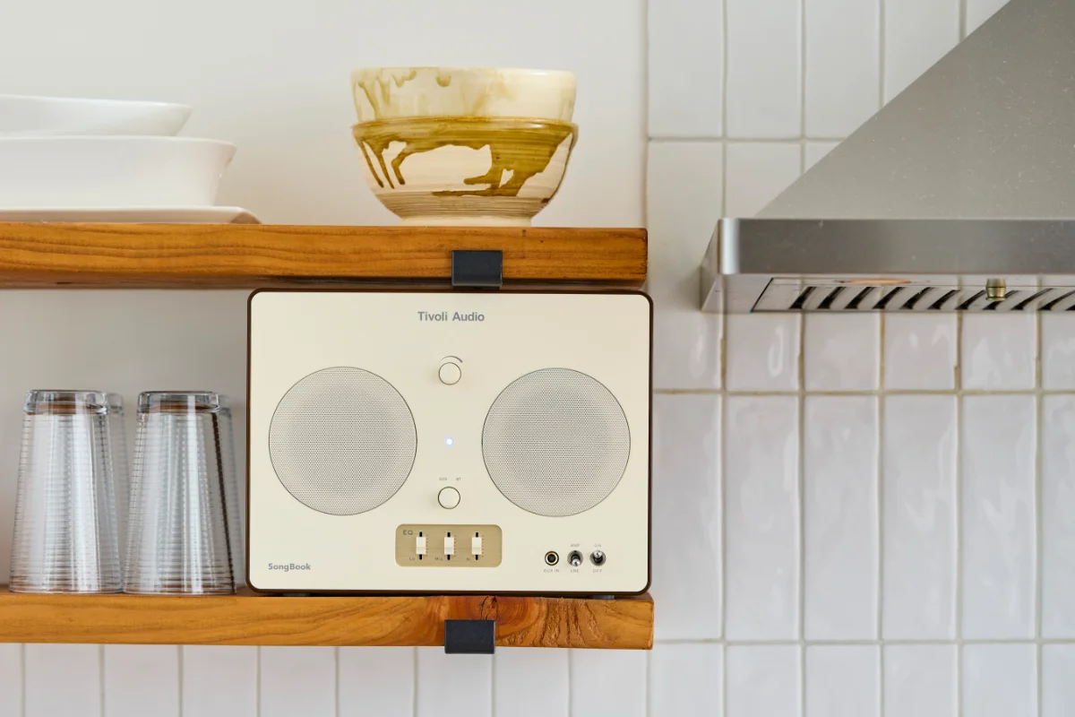 Tivoli Songbook in Cream, resting on a kitchen shelf, in a modern mid century kitchen