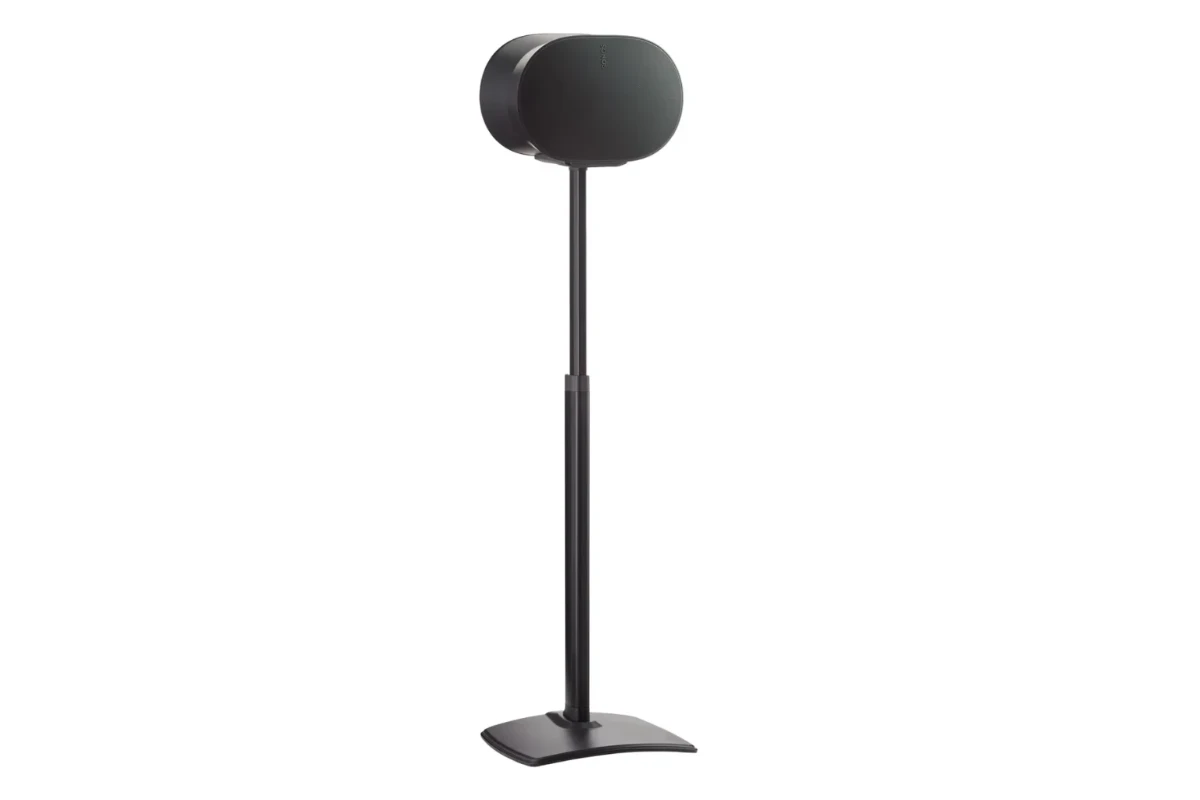 Height-Adjustable Speaker Stand for Sonos Era 300 Black 2 Sanus Height-Adjustable Speaker Stand designed for the Sonos Era 300, featuring a sleek black finish with a sturdy base and adjustable pole for optimal speaker placement.