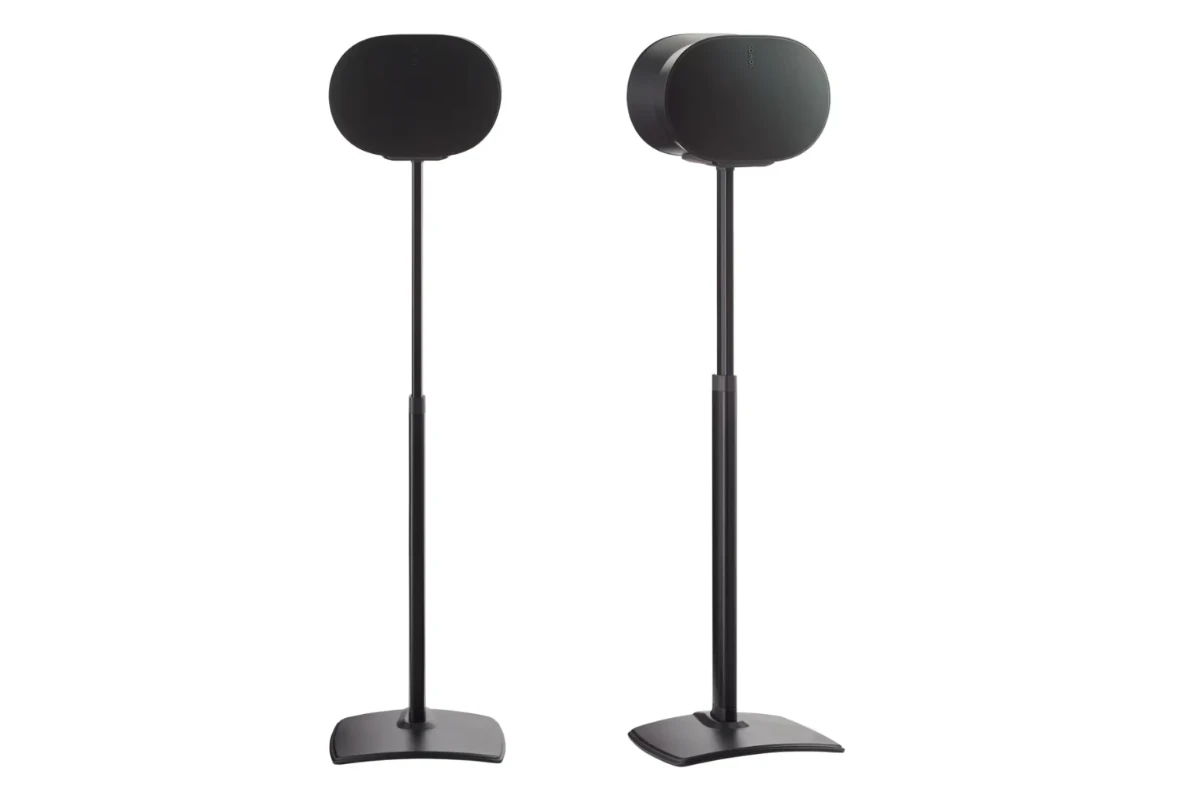 Height-Adjustable Speaker Stand for Sonos Era 300 Black 3 Sanus Height-Adjustable Speaker Stand designed for the Sonos Era 300, featuring a sleek black finish with a sturdy base and adjustable pole for optimal speaker placement.