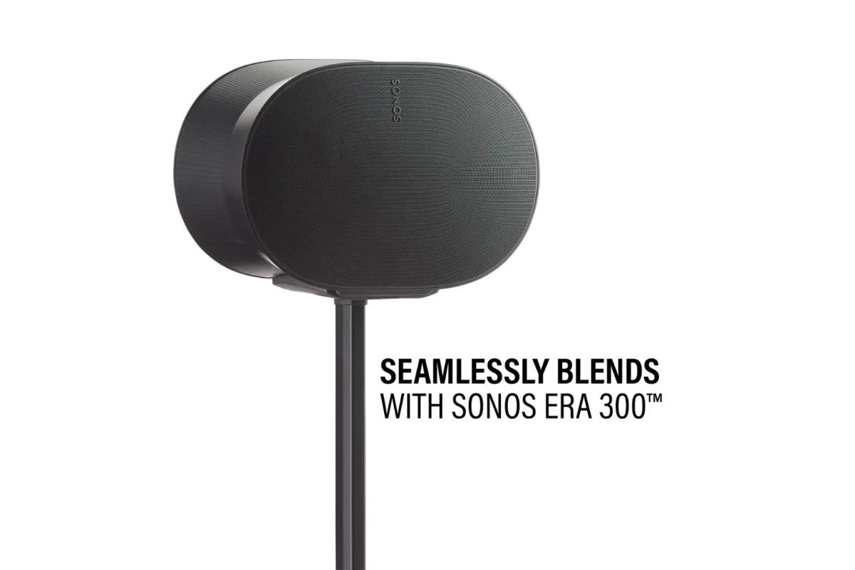 Height-Adjustable Speaker Stand for Sonos Era 300 Black 4 Sanus Height-Adjustable Speaker Stand designed for the Sonos Era 300, featuring a sleek black finish with a sturdy base and adjustable pole for optimal speaker placement.