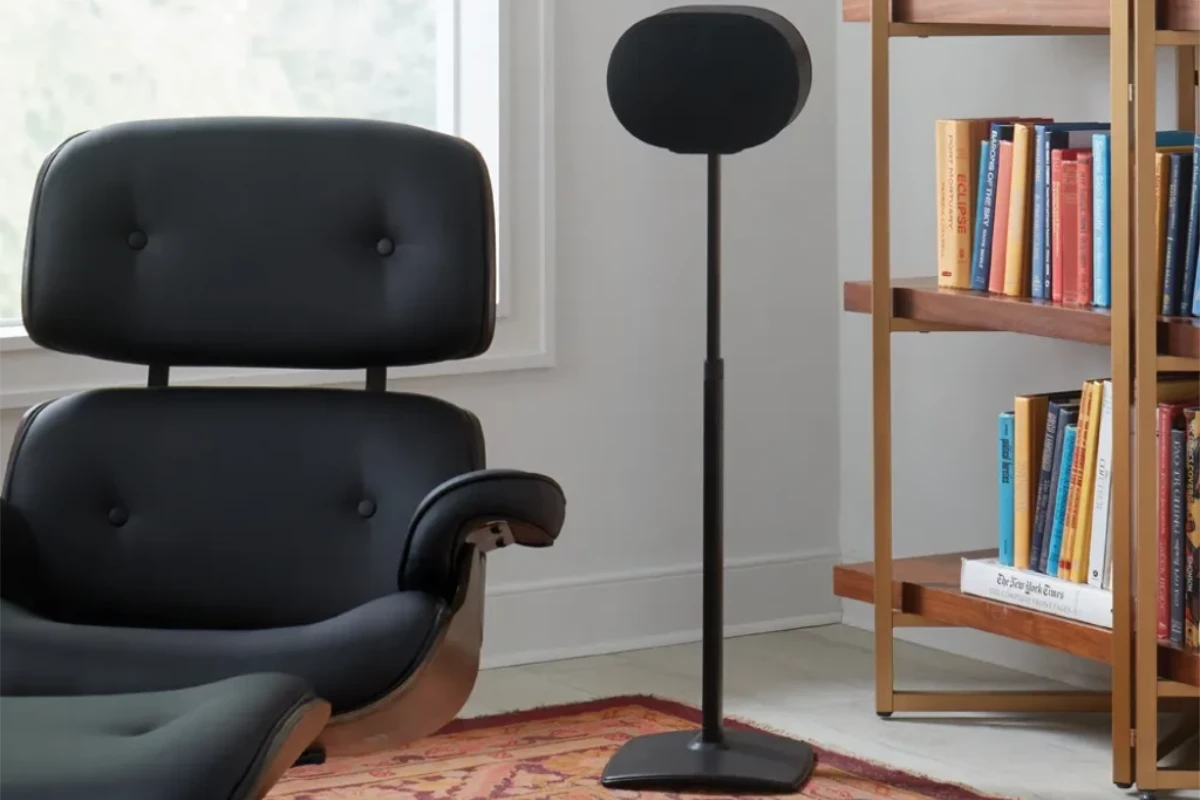 Sanus Height-Adjustable Speaker Stand designed for the Sonos Era 300, featuring a sleek black finish with a sturdy base and adjustable pole for optimal speaker placement.