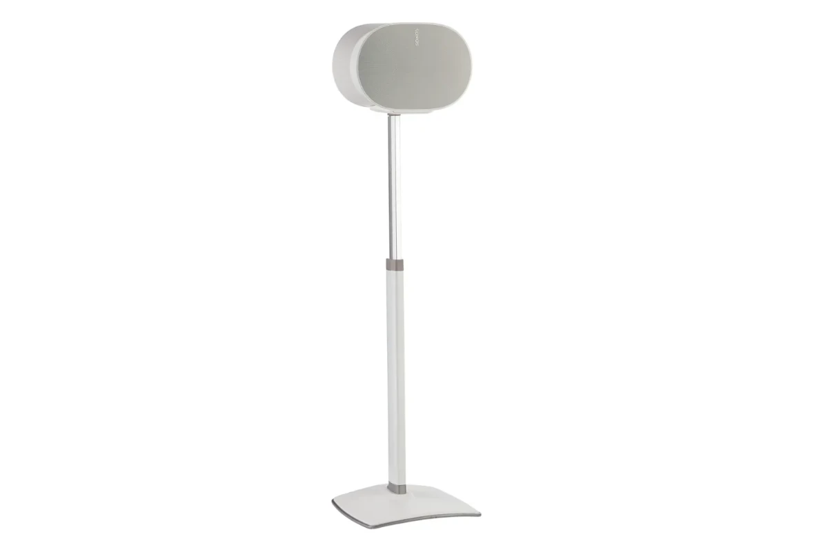 Height-Adjustable Speaker Stand for Sonos Era 300 White 1 Sanus Height-Adjustable Speaker Stand designed for the Sonos Era 300, featuring a sleek white finish with a sturdy base and adjustable pole for optimal speaker placement.