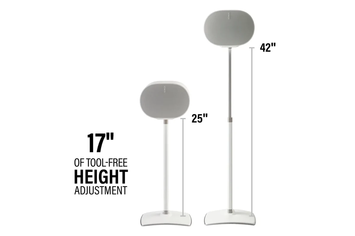 Height-Adjustable Speaker Stand for Sonos Era 300 White 10 Sanus Height-Adjustable Speaker Stand designed for the Sonos Era 300, featuring a sleek white finish with a sturdy base and adjustable pole for optimal speaker placement.
