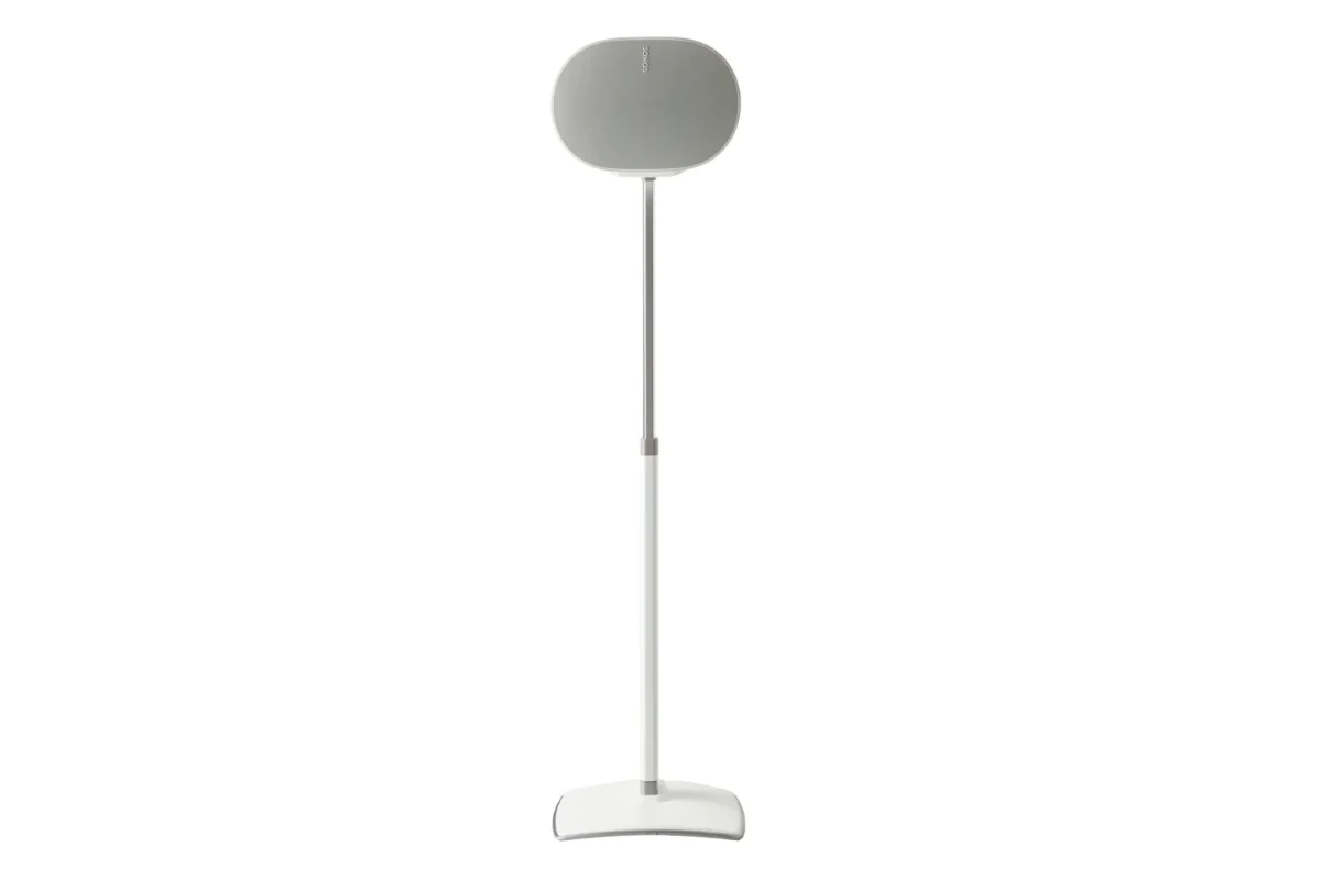Height-Adjustable Speaker Stand for Sonos Era 300 White 2 Sanus Height-Adjustable Speaker Stand designed for the Sonos Era 300, featuring a sleek white finish with a sturdy base and adjustable pole for optimal speaker placement.