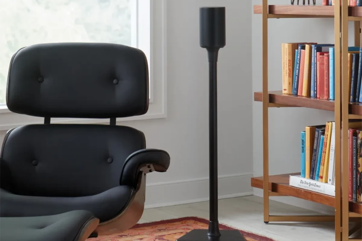 Sanus Fixed height Speaker Stand designed for the Sonos Era 100, featuring a sleek black finish with a sturdy base for optimal speaker placement.