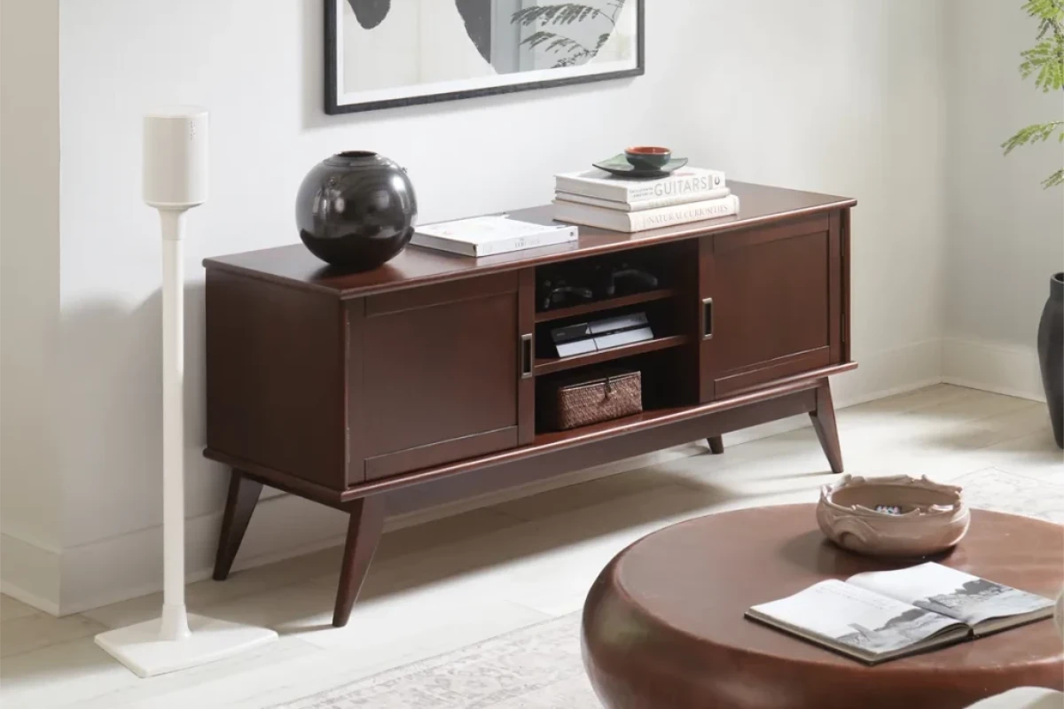 Sanus Fixed height Speaker Stand designed for the Sonos Era 100, featuring a sleek white finish with a sturdy base for optimal speaker placement.