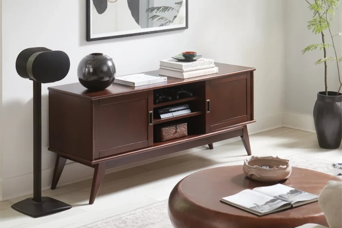 Sanus Fixed height Speaker Stand designed for the Sonos Era 300, featuring a sleek black finish with a sturdy base for optimal speaker placement.