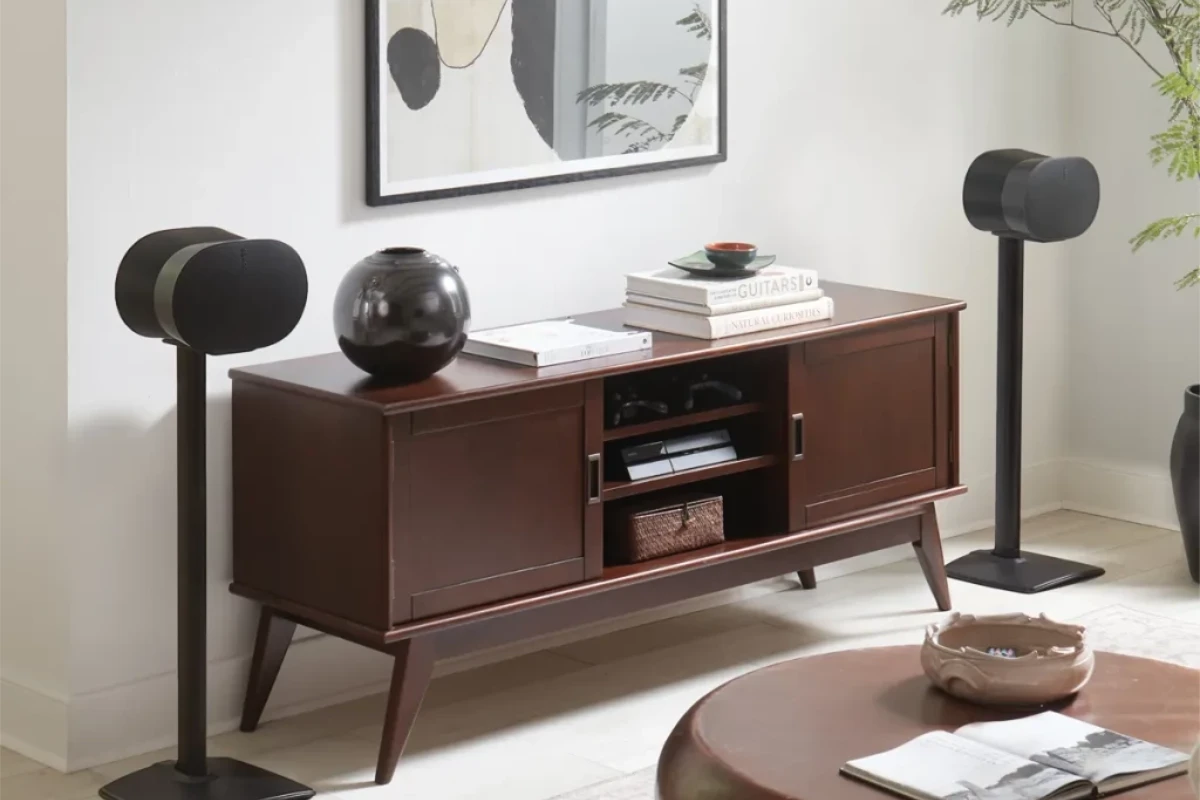 Sanus Fixed height Speaker Stand designed for the Sonos Era 300, featuring a sleek black finish with a sturdy base for optimal speaker placement.