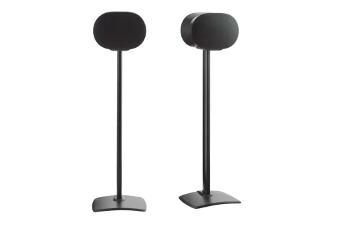 Sanus Fixed height Speaker Stand designed for the Sonos Era 300, featuring a sleek black finish with a sturdy base for optimal speaker placement.