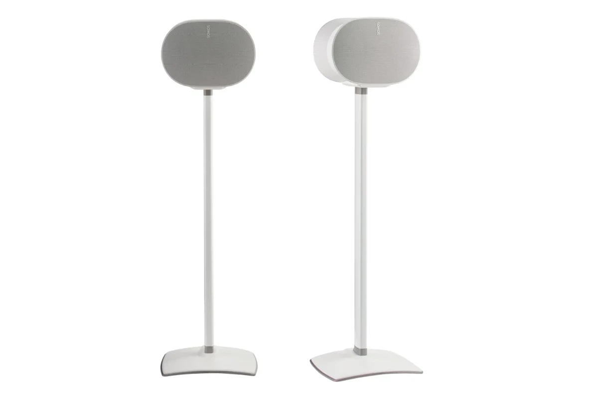Supports d'enceintes pour Sonos Era 300 paire Blanc 1 Sanus Fixed height Speaker Stand designed for the Sonos Era 300, featuring a sleek white finish with a sturdy base for optimal speaker placement.