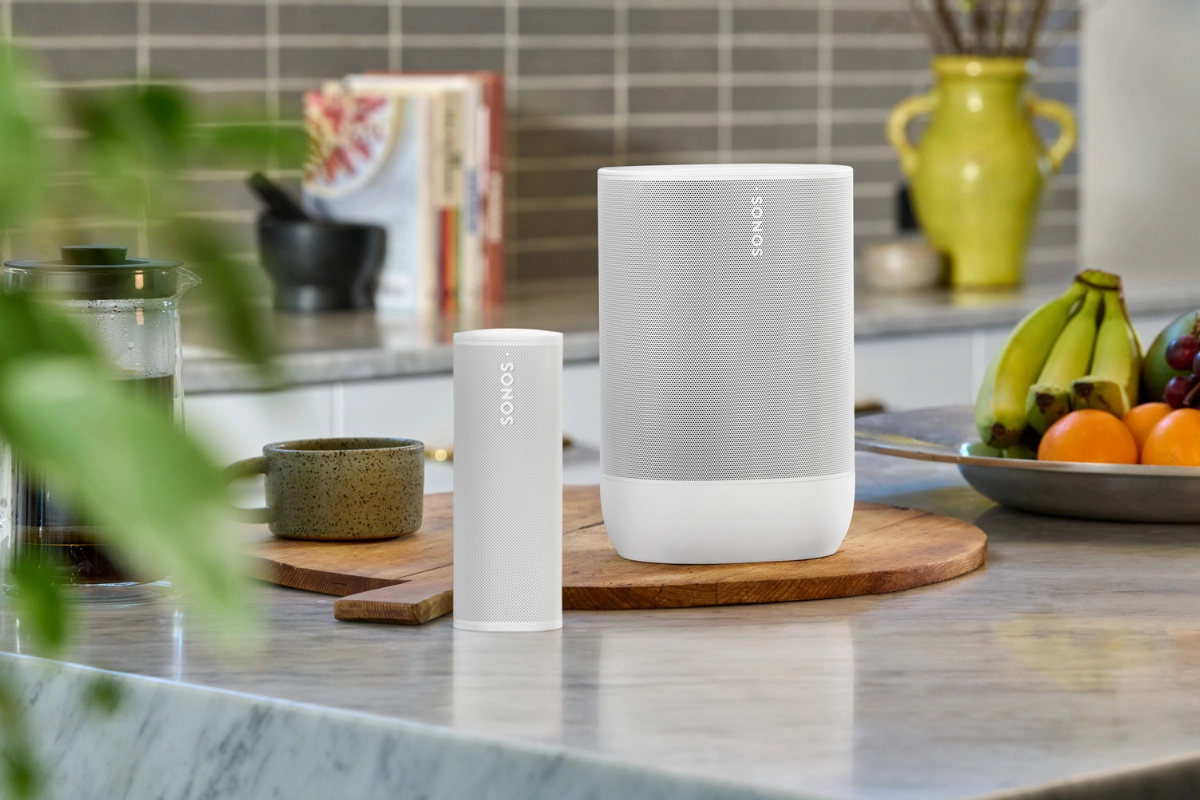 Sonos Move 2 and Roam 2 on kitchen counter