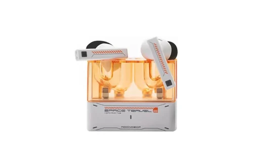 Moondrop SPace Travel 2 White and Orange 1 Moondrop Space travel 2 wireless earbuds on white background