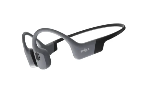 Side view of the Shokz OpenSwim Pro bone conduction headphones in black and gray.