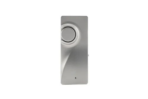 Front view of the Moondrop MoonRiver 3 DAC/amp, showing its stainless steel body and volume knob.